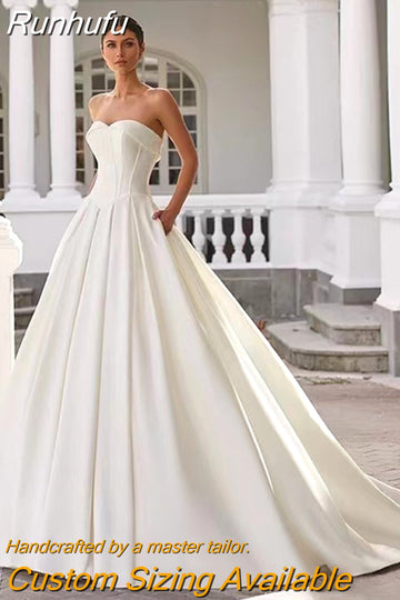 Runhufu And Gorgeous Bride Gowns Ivory Women's Sweet Satin Pleated A-Line Sleeveless Princess Wedding Dresses Formal Prom Party